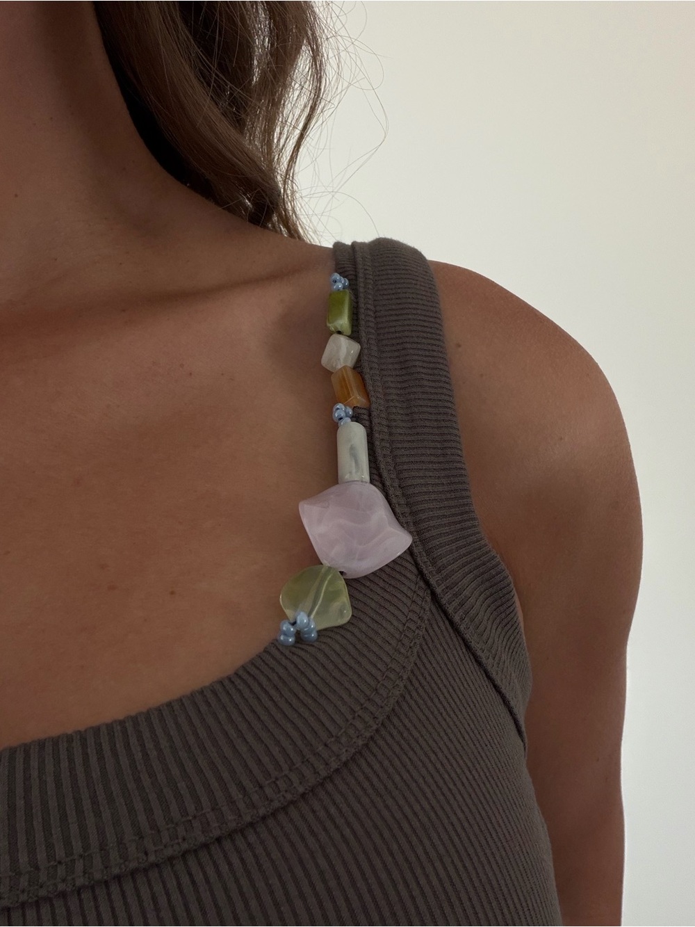 Beaded Strap Ribbed Tank Top -Brown Gray with Pastel Beads
